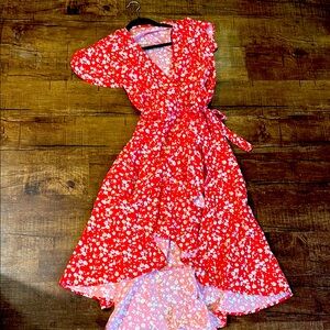 Floral Red Wrap Dress Variegated Hemline, Short Butterfly Sleeves